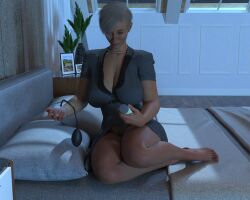 1girl 3d 3d_(artwork) female holding_object legs_up lotion_bottle pussy_pump sitting_on_bed smile suprserpent