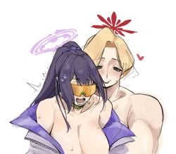2girls akemi_(blue_archive) blue_archive breasts cleavage commentary_request denpatou highres large_breasts multiple_girls muscular muscular_female nipples_out_of_frame out-of-frame_censoring simple_background sketch sumire_(blue_archive) sunglasses sweat tareme trembling white_background yuri