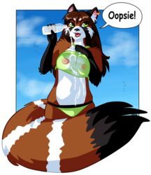 anthro bikini bottle breasts brown_hair clothes dialog ear_piercing english_text female green_eyes hair nipples piercing red_panda see-through see-through_bikini skimpy solo text tight_clothes water water_bottle wet zenia