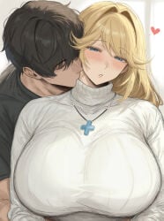 1boy 1female 1girls 1male apple_apel big_breasts blonde-haired_female blonde_female blonde_hair blue_eyes blush blushing color commander_(nikke) cross_necklace eyelashes eyelashes_visible_through_hair goddess_of_victory:_nikke heart heart_symbol kiss kissing nikke questionable rapunzel_(nikke) sweater tagme white_sweater wholesome