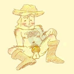 1boy 2026 blushing boots chastity chastity_cage chubby chubby_male cock_cage cowboy cowboy_hat deltarune deltarune_chapter_5 digital_art doodle enterman facial_hair hairy hairy_arms hairy_chest hairy_crotch hairy_legs hairy_male hat limited_palette male male_only minimal_clothing toony toony_face yellow_(deltarune)