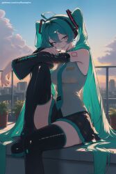 1girl ahoge ai_generated aqua_eyes aqua_hair aqua_nails black_legwear black_skirt boots cloud detached_sleeves hatsune_miku headphones headset hi_res high_quality high_resolution long_hair looking_at_viewer miniskirt nail_polish necktie patreon seductive sexy sitting skirt sky sleeveless solo tattoo thigh_boots thighhighs twintails uncensored very_long_hair vocaloid watermark zettai_ryouiki