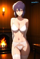 1girl 2d 4k 8k ai_assisted ai_generated alluring anime_screencap anime_style athletic attractive bare_midriff beautiful bedroom_setting big_booty blush breasts cinematic_lighting cleavage close_up collarbone confident dark dark_lighting defined_jawline depth_of_field detailed_background detailed_face detailed_skin digital_illustration dim_lighting elegant erotic eye_makeup eyelashes kusanagi_motoko purple_hair red_eyes short_hair