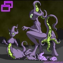 2013 5_fingers alien anus ass baby big_breasts breasts digitigrade female gaping gaping_anus green_eyes kneeling long_tail looking_back mother nipples open_mouth outside parent purple_body pussy raised_tail rubble sky slushy standing teeth tentacle young