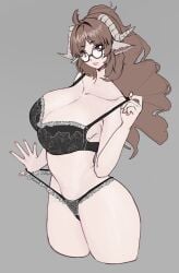 1girls animal_ears arknights artist_request big_breasts black_bra black_lingerie black_panties black_underwear bra breasts brown_hair character_request cleavage collarbone female female_only frilled_panties glasses highres hips kemonomimi large_breasts light-skinned_female light_skin lingerie long_hair mature mature_female mole mole_on_breast mole_under_mouth nail_polish open_mouth panties pink_nails pulling_bra pulling_panties pulling_strap red_eyes round_ass solo spread_fingers strap_pull underwear undressing