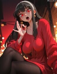 1girl ai_generated black_hair black_pantyhose blush breasts collarbone crossed_legs earrings fellatio_gesture fresk0n gold_earrings hairband jewelry large_breasts long_hair long_sleeves looking_at_viewer open_mouth pantyhose patreon_username red_eyes red_sweater saliva saliva_trail sidelocks sitting solo spy_x_family sweater sweater_dress tongue tongue_out white_hairband yor_briar yor_forger
