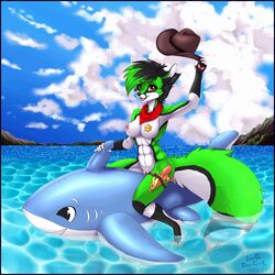 anthro black_fur black_hair blue_sky breasts canine cow_girl cowboy_shot female fox fur furry green_fur green_hair hair inflatable longdanger looking_at_viewer mammal nipples open_mouth orange_eyes pussy smile water white_fur