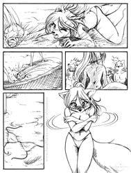 abluedeer back bikini bikini_malfunction blush canine comic covering covering_self embarrassed enf female furry greyscale monochrome shy skimpy solo topless vanessa volleyball wardrobe_malfunction