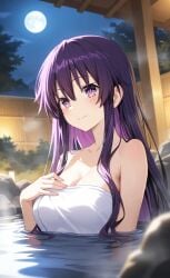 ai_generated ass_length_hair beautiful_female beautiful_woman date_a_live hot_spring naked naked_female nipples onsen outdoors pixiv purple_hair tits towel towel_only yatogami_tohka