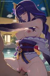1boy 1girl ai_generated bangs breasts breasts_outside censored flower genshin_impact girl_on_top hair_flower hair_ornament heart heart_censor hetero hi_res high_quality high_resolution large_breasts long_hair mosaic_censoring nipples onsen open_mouth palm_tree patreon penis plant purple_eyes purple_hair pussy raiden_shogun sash seductive sex sexy straddling symbol-shaped_pupils thighs tree uncensored vaginal water watermark