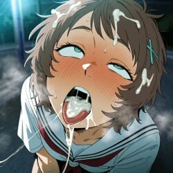 1girl ahegao ahegao_face ai_generated asako_yamagishi blush brown_hair cum_in_mouth green_eyes hikaru_ga_shinda_natsu night rolling_eyes schoolgirl the_summer_hikaru_died