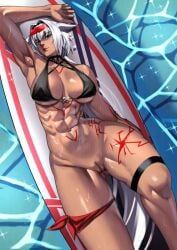 1girls armpits arms_up bikini black_bikini body_markings breasts caenis_(fate) cleavage dark-skinned_female dark_skin fate/grand_order fate_(series) female large_breasts looking_at_viewer lying muscular muscular_female on_back solo swimsuit thick_thighs zinfian