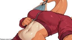 1girl abs ai_generated breasts charizard close-up decurse head_out_of_frame jacket midriff navel phone pokemon red_jacket shiny_skin simple_background solo stomach tail toned watermark white_background wings zipper zipper_pull_tab
