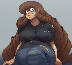 1girl 1girls bandaged_arm bandaged_fingers bandages bandaid bandaid_on_arm bandaid_on_cheek bandaid_on_face bandaid_on_hand big_hair black_eyes black_shirt blue_pants blush breasts brown_hair clothing coolerinker covered_nipples denim drill_hair fat female hair_between_eyes huge_breasts inker_comics inkershike jeans large_breasts long_hair looking_at_viewer maria_(inkershike) original_character pants plump ringlets shirt sitting solo sweat thick_thighs thighs torn_clothes torn_pants torn_shirt very_long_hair