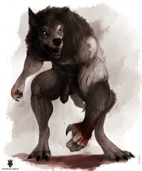 1boy anthro black_fur black_skin canine cum flaccid fur furry looking_at_viewer lycan male male_only mammal nude open_mouth penis plain_background signature skyrim solo the_elder_scrolls video_games werethrope_laporte werewolf white_background white_eyes