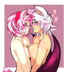 2girls amy_rose animal_ears antiiheld big_breasts blush breast_press breast_squish breasts couple eyelashes eyeliner eyeshadow female female_only green_eyes heart human humanized large_breasts lipstick makeup medium_breasts medium_hair nude pink_hair rouge_the_bat sega sonic_(series) white_hair wings yuri