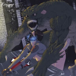 1boy 1girls ambiguous_penetration areolae big_penis breasts brown_hair christine_yamata closed_eyes duo erection face_mask four_eyes_(resident_evil) from_behind hunter_(resident_evil) kingsway mask monster nipples penis reptilian resident_evil resident_evil_operation_raccoon_city scales sex sex_from_behind sharp_teeth straight teeth