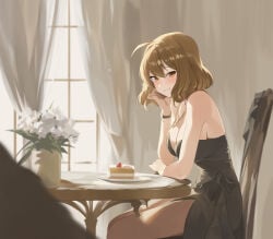 1girl 1girls absurd_res ahoge anis_(nikke) artist_request breasts cake chair cleavage dress female female_focus food goddess_of_victory:_nikke highres indoors on_chair sitting smile solo solo_female table thighs