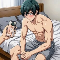 1boy ai_art ai_generated blue_lock blushing hentai itoshi_rin shameless shirtless shirtless_male