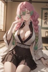 1girl ai_generated belt black_jacket blush braid breasts cleavage gradient_hair green_hair haori hi_res high_quality high_resolution japanese_clothes kanroji_mitsuri kimetsu_no_yaiba large_breasts long_hair long_sleeves looking_at_viewer miniskirt mole mole_under_eye multicolored_hair patreon pink_hair pleated_skirt seductive sexy sitting skirt smile solo sword thighs uncensored watermark wide_sleeves