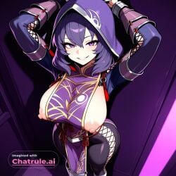 1girl absurd_res ai_assisted ai_generated black_clothing black_leggings dark_purple_hair devious_grin first_person_perspective hands_above_head hard_nipples hood_up large_breasts lustful medium_hair perfect_ass posing_for_viewer purple_eyes rixia_mao seductive standing tabard tight_clothing white_socks