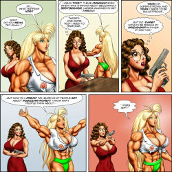 2girls abs biceps blond_hair breasts brown_hair dcmatthews female glasses gun hair long_hair muscles muscular muscular_arms muscular_female muscular_legs muscular_thighs pecs