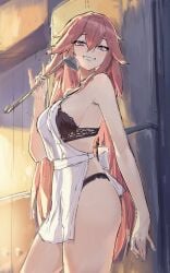 1girl 1girls apron artist_request black_bra black_panties bra female female_focus genshin_impact holding hoyoverse looking_at_viewer panties smile smiling smiling_at_viewer solo solo_female underwear yae_miko yae_miko_(genshin_impact)