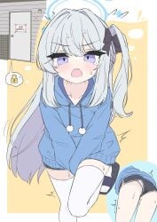 1girl bathroom_sign black_sandals black_shorts blue_archive blue_halo blue_hoodie border commentary_request dolphin_shorts door dot_nose double-parted_bangs drawstring hair_intakes halo have_to_pee highres hood hood_down hoodie leg_up looking_at_viewer miyako_(blue_archive) miyako_(young)_(blue_archive) mizusaki_(kn27) multiple_views open_mouth outside_border panties panty_peek pee pee_stain peeing peeing_self polka_dot polka_dot_panties pom_pom_(clothes) pom_pom_drawstring purple_eyes sandals short_shorts shorts sign simple_background sitting sitting_on_object speech_bubble spoken_object stained_panties sweat tearing_up thighhighs translation_request underwear upshorts v-shaped_eyebrows v_arms wet wet_clothes wet_panties wet_shorts white_border white_panties white_thighhighs yellow_background