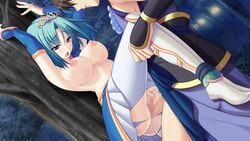 10s 2012 2d areolae armpits arms_up ayase_hazuki breasts candysoft censored female forest game_cg green_hair highres kamidere large_breasts leg_up legs looking_down nipples no_panties open_mouth penis purple_eyes pussy sex short_hair skirt standing tagme thighs topless torn_clothes trees vaginal_penetration white_legwear