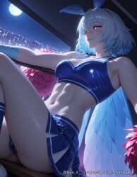 1girl ai_generated bangs bare_shoulders blue_eyes blue_hair blue_skirt blush breasts cheerleader closed_mouth crop_top facial_mark full_moon indoors medium_breasts midriff miniskirt moon multicolored_hair navel night night_sky nyx_x one_eye_closed pleated_skirt pom_pom_(cheerleading) sensitive short_hair sitting skirt sky sleeveless smile socks solo stomach thighs wings