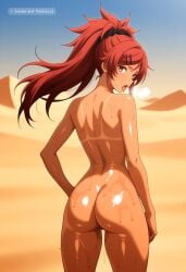 1_girl 1girl ai_assisted ai_generated anime_screencap bangs black_scrunchie butt_crack desert exausted floating_hair from_behind gluteal_fold hair_scrunchie hairclip high_ponytail long_hair narrow_waist nude oiled_body open_mouth petite pussy_juice_leaking red_eyes red_hair round_ass sexually_suggestive skindentation standing surprised sweat_body tan_skin thick_thighs tight_clothes tongue_out wet_body wet_face wet_hair wide_hips