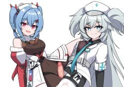 1boy 2girls alternate_version_at_source alternate_version_available blue_eyes blue_hair blush bodysuit censored clothed_female_nude_male clothing collaborative_pussyjob collaborative_sex colphne_(girls'_frontline_2) colphne_(silent_heart)_(girls'_frontline_2) feet_out_of_frame female florence_(girls'_frontline_2) fully_clothed girls'_frontline girls'_frontline_2:_exilium group group_sex hat heart-shaped_pupils jacket long_hair looking_at_viewer male mosaic_censoring multiple_girls necktie nurse_cap open_mouth pa-15_(girls'_frontline) penis pussyjob red_eyes risu_(risu028) scissoring smile threesome tribadism tribadism_on_penis twin_braids