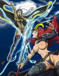 2girls areola breasts cape claudette crossover dark-skinned_female dark_skin dovianax electricity female fight green_eyes high_heels large_breasts leotard long_hair marvel marvel_comics nail_polish night open_mouth ororo_munroe queen's_blade red_hair sky storm_(x-men) sword thighhighs thong tiara torn_clothes weapon white_eyes white_hair wristband x-men