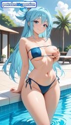 1girls 2026 ai_assisted ai_generated anime aqua_(konosuba) bikini blue_sky boobs breasts bust cloud eye_patch_bikini hair_rings hi_res high_quality high_resolution highres kono_subarashii_sekai_ni_shukufuku_wo! konosuba long_hair navel outdoors patreon patreon_username pool side-tie_bikini sky skypassion smile soaking_feet solo stable_diffusion swimsuit tits water watermark