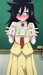 ai_generated black_hair blush dirty_panties green_eyes kuroki_tomoko long_hair looking_to_the_side messy_hair presenting_removed_panties self_upload watashi_ga_motenai_no_wa_dou_kangaetemo_omaera_ga_warui!