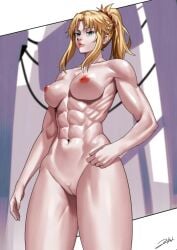 1girls abs armpits arms_up athletic athletic_female bandeau belt belt_buckle black_belt blonde_hair blush bottomless braid breasts buckle collarbone eyebrows_visible_through_hair fate/apocrypha fate_(series) female frayed_clothes green_eyes hair_ornament hair_scrunchie highres jacket jewelry looking_at_viewer midriff mordred_(fate) mordred_(fate)_(all) muscles muscular muscular_female navel necklace ponytail pussy red_jacket scrunchie short_hair sidelocks simple_background small_breasts solo strapless toned toned_female tubetop vagina zinfian