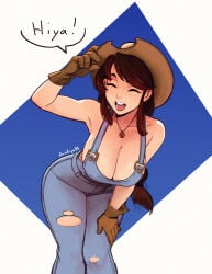 1girl 1girls ass big_boobs big_breasts breasts cleavage farm_girl farmer farmgirl female female_only oc original original_character overalls raichiyo33 ripped_clothing tagme
