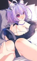 1girl absurdres ahoge animal_costume animal_ears antenna_hair anus anus_peek ass ass_focus azure_striker_gunvolt azure_striker_gunvolt_1 black_panties blush breath cat_costume cat_ears cat_tail censored commentary_request commission commissioner_upload cosplay embarrassed fate/kaleid_liner_prisma_illya fate_(series) grabbing_another's_ass groping highres joule_(gunvolt) lololotton looking_at_viewer looking_back lying miyu_edelfelt miyu_edelfelt_(beast_style) miyu_edelfelt_(beast_style)_(cosplay) mosaic_censoring multicolored_hair on_bed on_stomach open_mouth paid_reward_available panties pillow pov pov_hands purple_hair pussy_juice red_eyes skeb_commission solo_focus spanked spread_legs spread_pussy tail two-tone_hair underwear