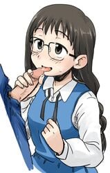 1girls black_eyes black_hair braid braided_hair fellatio female glasses harvest_moon just_the_tip licking licking_penis mary_(harvest_moon) penis penis_through_fly