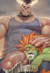 2boys abigail after_fellatio after_oral after_sex ai_generated anthro bara blanka capcom furry gay green_skin hand_on_head human human_on_anthro humanoid large_penis long_hair male male/male male_only muscles muscular muscular_male oral oral_sex orange_hair penis street_fighter street_fighter_v yaoi