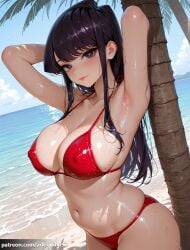 1girl ai_generated arlequin097 armpits arms_behind_head arms_up beach bikini black_eyes black_hair blue_sky blush breasts cleavage closed_mouth cloud collarbone covered_nipples day heart heart-shaped_pupils komi-san_wa_komyushou_desu komi_can't_communicate komi_shouko komi_shuuko large_breasts long_hair looking_at_viewer mole mole_on_breast mole_under_eye navel ocean outdoors palm_tree presenting_armpit purple_eyes red_bikini sand shiny_skin skindentation sky smile solo stomach swimsuit symbol-shaped_pupils tree water wet