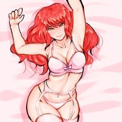 chainsaw_man garter_straps large_ass large_breasts laying_on_bed lingerie long_hair makima_(chainsaw_man) pinup spicytown stockings thick_thighs white_lingerie white_panties wide_hips