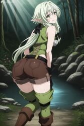 1girl ai_generated ass bare_shoulders belt black_bow black_gloves boots bow breasts brown_footwear brown_shorts closed_mouth digitalwaifugallery elf forest from_behind gloves goblin_slayer green_eyes green_hair green_thighhighs hair_bow hi_res high_elf_archer_(goblin_slayer) high_quality high_resolution lake leaning_forward long_hair looking_at_viewer looking_back nature outdoors patreon pointy_ears ponytail river seductive sexy short_shorts shorts sidelocks sleeveless smile solo standing thighhighs tree uncensored water watermark