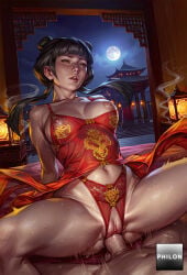 1boy 1girls ai_generated architecture avatar_the_last_airbender babydoll bare_shoulders black_hair blunt_bangs breasts china_dress chinese_clothes clitoral_hood clitoris clothed_female_nude_male clothed_sex collarbone cowgirl_position crotch_cutout crotchless crotchless_panties double_bun dress east_asian_architecture full_moon girl_on_top hair_bun lantern large_breasts lattice lingerie lips long_hair mai_(avatar) medium_breasts moon motion_lines navel night nipples nose open_mouth panties paper_lantern parted_lips penis philon pubic_stubble pussy pussy_juice red_dress red_panties sex sky solo_focus spread_legs stable_diffusion straddling sweat teeth thighs twintails underwear vaginal veins veiny_penis yellow_eyes