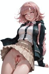 1girl ai_generated creampie cum_in_pussy danganronpa glossy_skin large_breasts looking_at_viewer nanami_chiaki noirq pink_eyes pink_hair pussy school_uniform short_hair skirt_lifted solo
