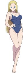 1girls barefoot big_breasts blonde_hair blue_eyes breasts busty cleavage competition_swimsuit confident curvy feet female female_only forehead highres kofune_ushio large_breasts leg_lift leg_up long_hair necklace one-piece_swimsuit pose posing sexy shell shell_necklace smile solo summertime_render swimsuit very_long_hair voluptuous