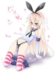 anchor black_panties blonde_hair blue_eyes blush elbow_gloves erect_nipples female gloves hairband heart kantai_collection long_hair masturbation panties personification saliva shimakaze_(kantai_collection) skirt skirt_pull socks solo sota striped striped_legwear thighhighs underwear white_background white_gloves