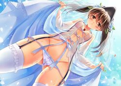 :< blush bow breasts brown_eyes brown_hair dress dress_lift female flower garter_straps hair_ornament hat kantai_collection magatama medium_breasts navel panties ryuujou_(kantai_collection) see-through solo tied_hair twintails underwear wedding_dress white_legwear white_panties