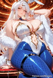 1girl ai_generated big_breasts bunny_girl bunnysuit female hoyoverse huge_breasts mature_female revoaru thick_thighs thighs white_hair yixuan_(zenless_zone_zero) zenless_zone_zero