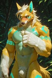 1boy ai_generated anthro_male generation_3_pokemon golden_hair hybrid hybrid_pokemon long_hair male mightyena original_character panuna pokemon pokemon_(species) scorpianpp self_upload stable_diffusion